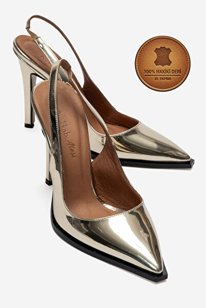 Ayakkabı Ateşi Genuine Leather Gold Mirror Pointed Toe Stiletto High Heeled S...
