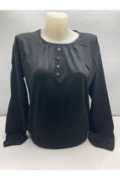 LÜKS MİRAYDA Black Color Half Buttoned Elastic Sleeves Long Sleeve Mom Combed...
