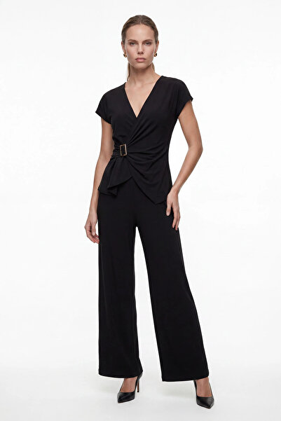 cemo Women's Buckled Double-Breasted Blouse and Wide-Leg Pants Two-Piece Set