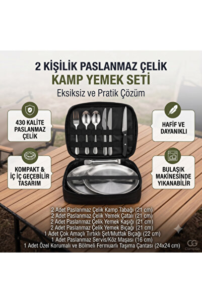 Lic LifeInCamp Paslanmaz Çelik Kamp Yemek Seti (2 Kişilik Özel Çantalı Premiu...