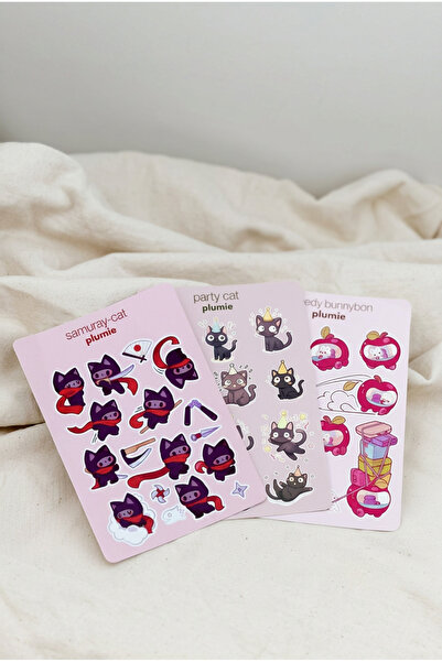 Plumie 3’lü Kawaii Hayvan Sticker Sheet Seti A6 – Party Cat, Samurai Cat ve S...