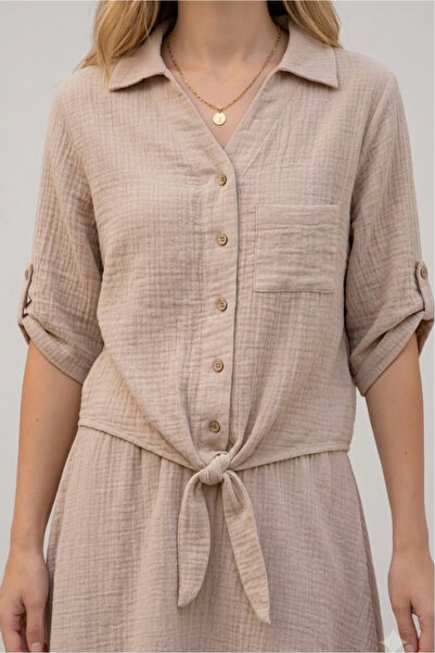 clavia Muslin Fabric Shirt with Tie Detail, Buttoned Short Sleeve Summer Blou...