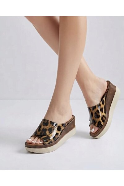Voga Women's Leopard Patterned High Wedge Heeled Casual Summer Stylish Slippers