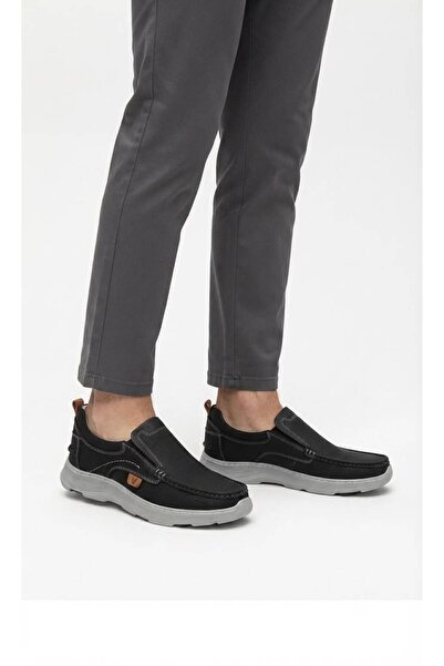 Slope Black Men's Laceless Casual Shoes Inner and Outer Genuine Leather Ortho...