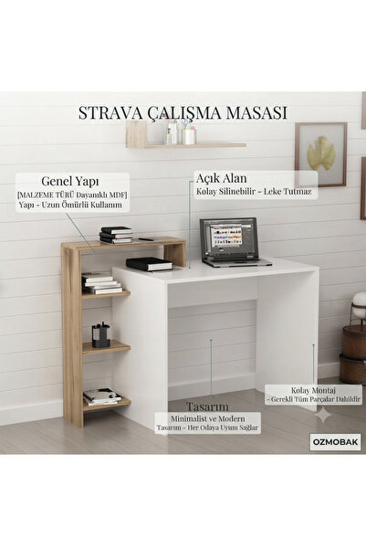 ozmobak Strava Çalışma Masası - Raflı Bilgisayar Masası - Minimalist Ofis ve ...