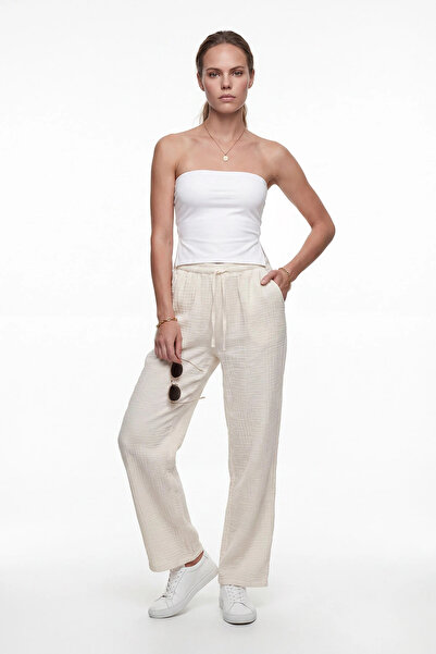 cemo Women's Comfortable Fit Straight-Leg Fabric Trousers with Elastic Waist