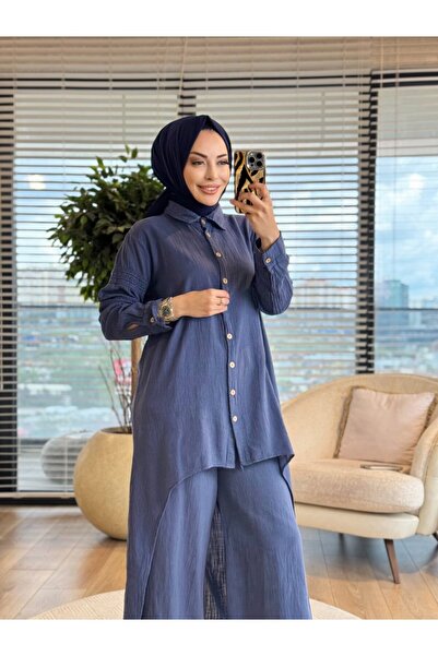 Afili 7114 Front Oval Long Back Linen Suit Indigo