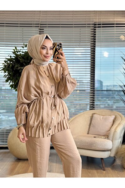 ALANURMODA 20764 Pleated Skirt Collarless Buttoned Suit Beige