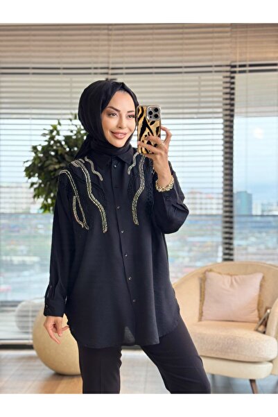 ALANURMODA 3396 Sarmaşık Boncuk İşlemeli Gömlek Siyah