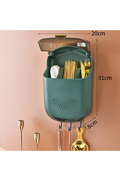 Generic Wall-Mounted Kitchen Cutlery Holder with Dust-Proof Cover – Multi-Functional Spoon & Fork Organizer – Utensil Drying Rack with 3 Hanging Hooks & Drain Tray – Punch-Free Space Saving Storage