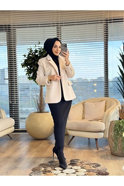 İkoll 1005252 Fox Fur Blazer Jacket Beige