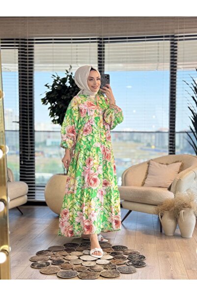 ASHILDA 25EL566 فستان كبير الحجم بنقشة زهور باللون الأخضر