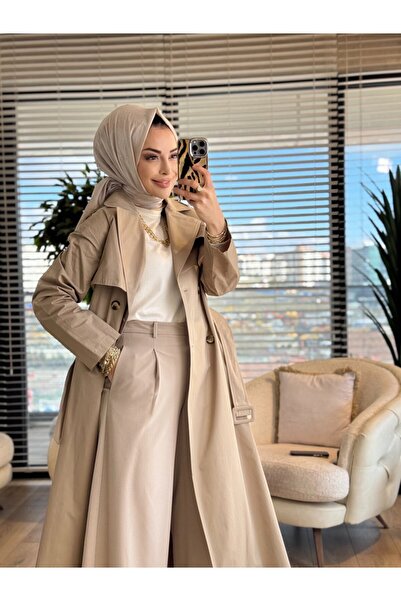 armine giyim 26Yt706 Four Button Belted Trench Coat Beige