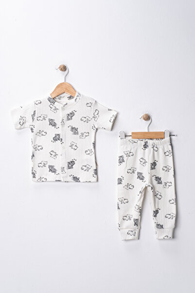 Noone Cute Teddy Bear Patterned Snap Fastener Baby Top and Bottom Set 100% Co...