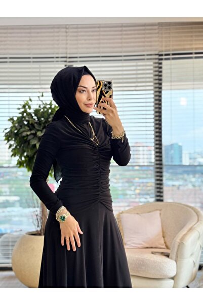 Asel 5184 فستان مطوي من الأمام باللون الأسود