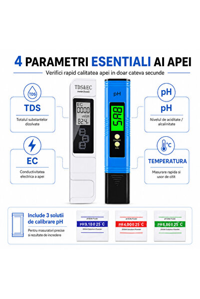 Zippi Set 2 Testere Digitale pentru Calitatea Apei, pH, TDS, EC și Temperatură, cu 3 Plicuri de Calibrare