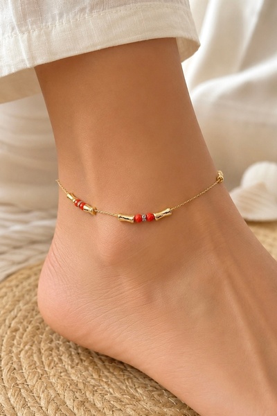 FIERA JEWELRY Kadın Gold Renk Turuncu Boncuk Detaylı Çelik Halhal – Ayarlanab...