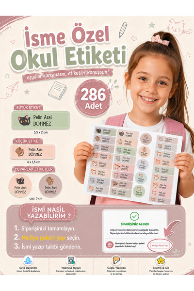 Sim Tasarım Okul Etiketi Kedi Temalı Kalem Defter Etiketi Özel İsim Yazılabil...