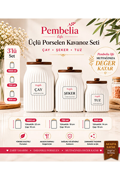 Kitchen Pembelia 3-Piece Acacia Lid Porcelain Tea, Sugar, Salt Storage Jar Se...