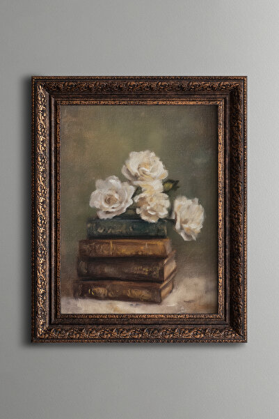 epiqart White Roses on Books – Vintage Patterned Painting – Thick Model