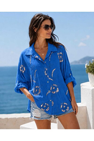Butik Şans Women's Sequin Detailed Oversize Italian Cotton Shirt