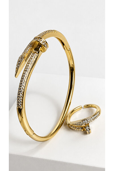 stainles steel Zircon Accessory Set Gold Bracelet and Ring Set Elegant and St...