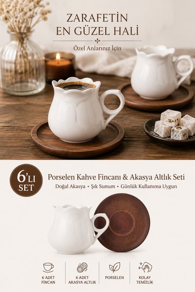 Poomy 6’lı Porselen Türk Kahvesi Fincanı Seti Akasya Ahşap Altlıklı Dalgalı K...