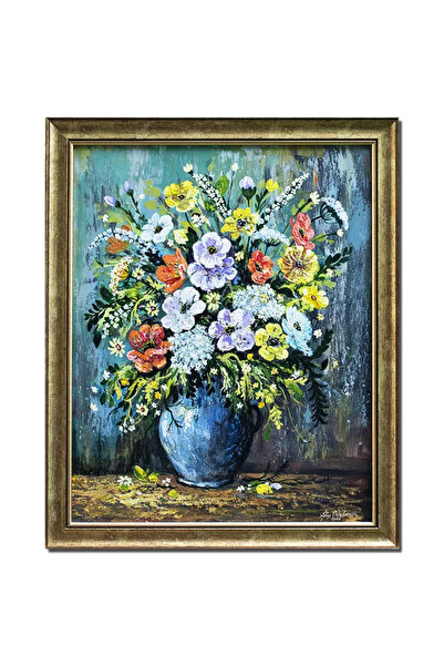 artnova Ръчно рисувана рамкирана картина с цветя, Маргаритки и макове в синя ...