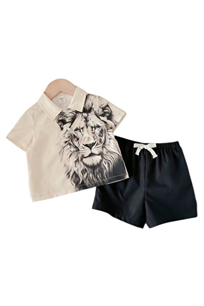 OEM Set pantaloni si camasa pentru copii, imprimeu cap de leu, bej, 92-98 CM