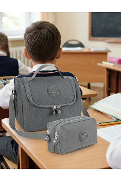 Freedom Bag Trend Gray Set of 2 Crinkle Fabric Thermal Lunch Bag + Double Com...