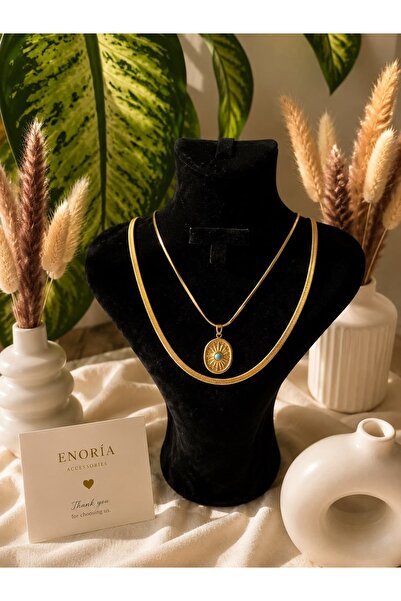 ENORİA ACCESSORİES Gold Güneş Figürlü Çift Katmanlı Çelik Kolye