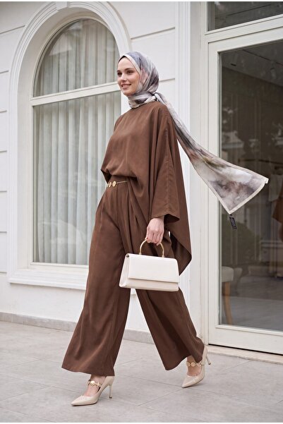 Modamorfo Asymmetrical Cut Wide Sleeve Belted Modal Suit with Wide Leg Pants ...