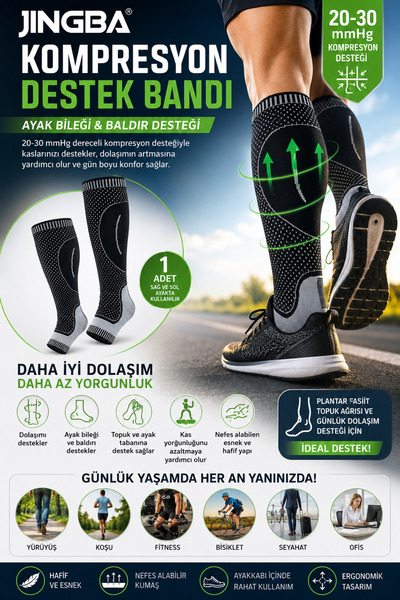 ORGANICYOU JINGBA Kompresyonlu Ayak Bileği ve Baldır Destek Bandı – 20-30 mmH...