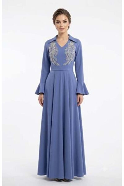 unbranded Women's Dusty Blue Embroidered Maxi Evening Dress with V-Neck & Bel...