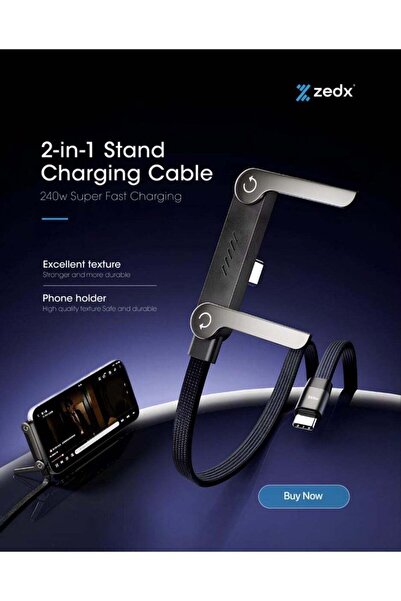 ZEDX كابل شحن سريع USB-C بقوة 240 واط مع حامل هاتف قابل للطي |   كابل بيانات ...