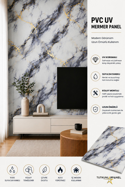 TUTKUNLAR PANEL Pvc Duvar Paneli Uv Mermer Desen Dekoratif Duvar Kaplama Suya...