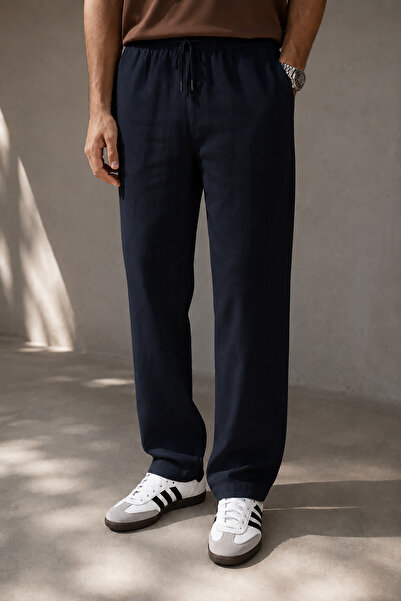 Bossago Men's Dark Navy Blue Linen Trousers with Waist Tie