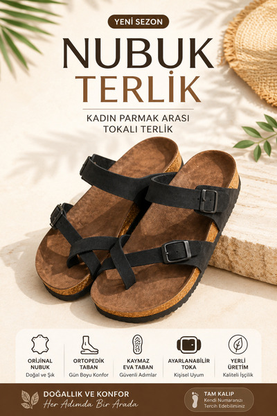 Erdem Store Women's Original Nubuck Leather Slippers with Flip-Flop Buckle, O...