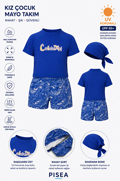 pistyle Girl's Blue T-Shirt, Bottoms, and Bandana Swimsuit
