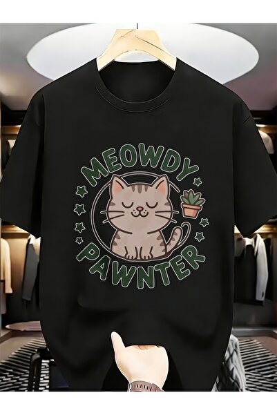 LİNA06 تي شيرت رجالي بتصميم Meowdy Painter Cat Plant Retro Funny Unique برقبة...