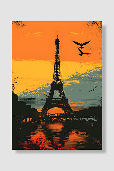 Luna Marissa Poster Turnul Eiffel Portocaliu Apus de soare Păsări Râu Siluetă...