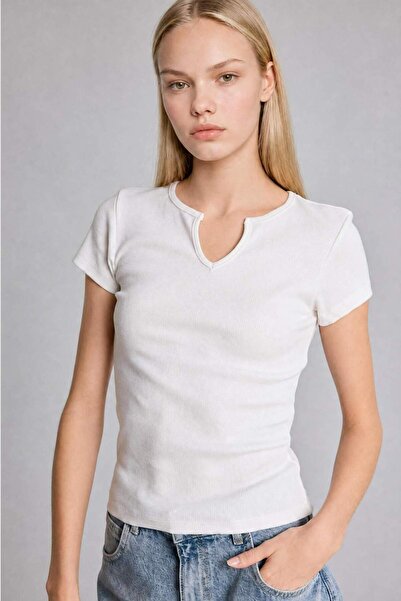 DeFacto Fitted Collar Basic Plain Ribbed Camisole Short Sleeve T-Shirt I3581A...