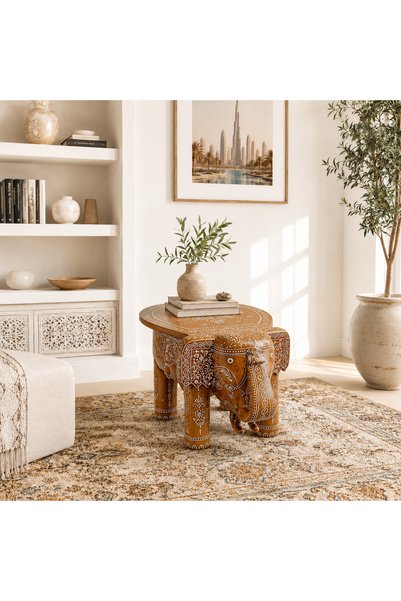 Al Athar Arts Handcrafted Wooden Elephant-Shaped Decorative Table & Stool Rajasthani Art(W:11''D:14.5''H:12'')