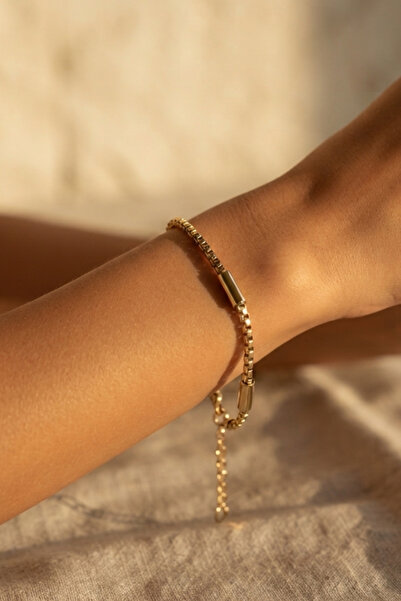 Rua Jewelry Steel Linea Cylinder Detailed Cube Chain Bracelet 3 mm Gold Color...