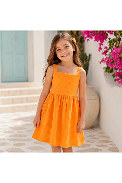 TA&CE TACE KIDS Kız Çocuk Turuncu Müslin Askılı Yazlık Elbise- 6-12 YAŞ