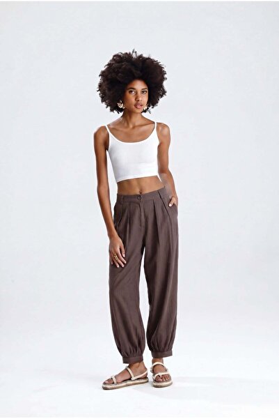ROSE ARYA Brown Linen Pleated Shalwar Cut Trousers