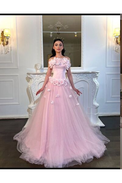 ranin Light Pink Evening Gown with a Taffeta Bodice Embellished with Embossed...