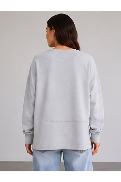 herkesemoda Oversize/Geniş Kalıp Yırtmaçlı Bisiklet Yaka Yumuşak Tuşeli Örme Sweatshirt