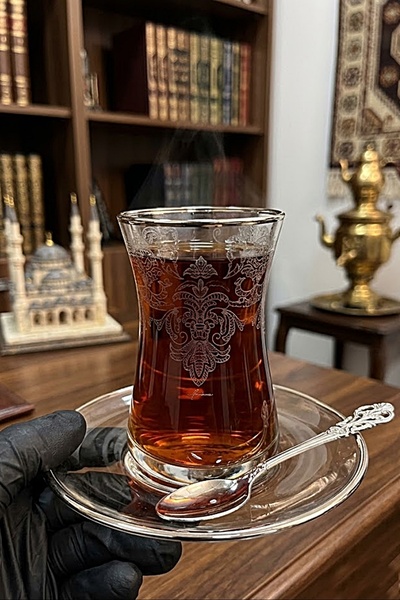 DECOSTYLE Rumi Gümüş 12 Parça İnce belli Çay Takımı - Cam Tabaklı Set