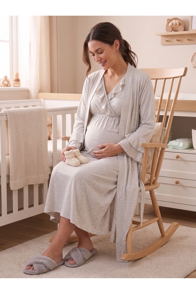 Lohusa Homewear New Season Beige Melange Flounced Full Length Easy Breastfeed...